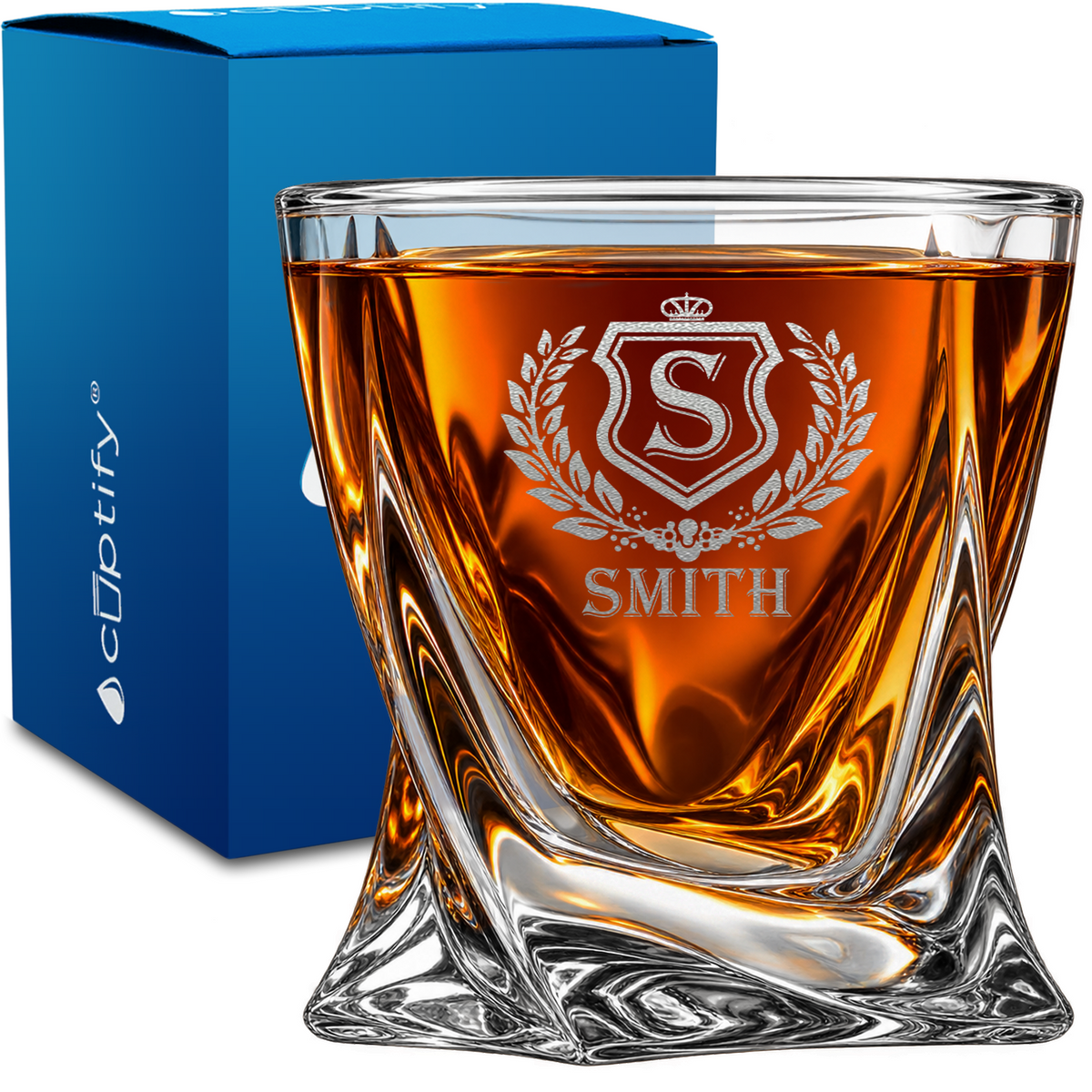 Legacy Shield Family Crest design on 10oz Twisted Whiskey Glass