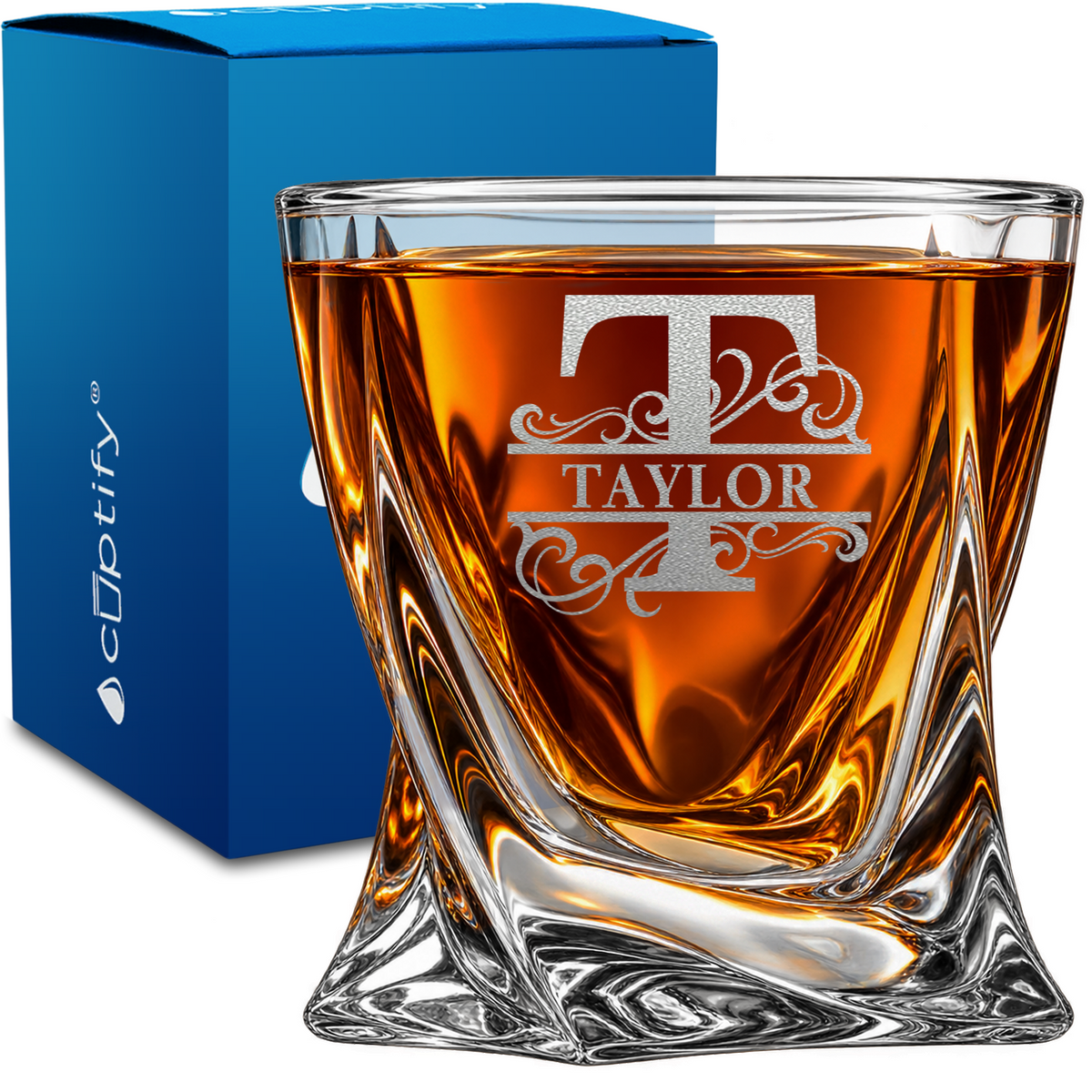 Vine Elegance Monogram design on 10oz Twisted Whiskey Glass