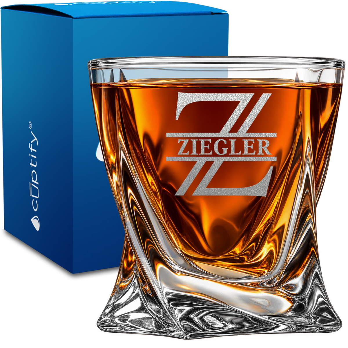 Contemporary Stacked Monogram design on 10oz Twisted Whiskey Glass