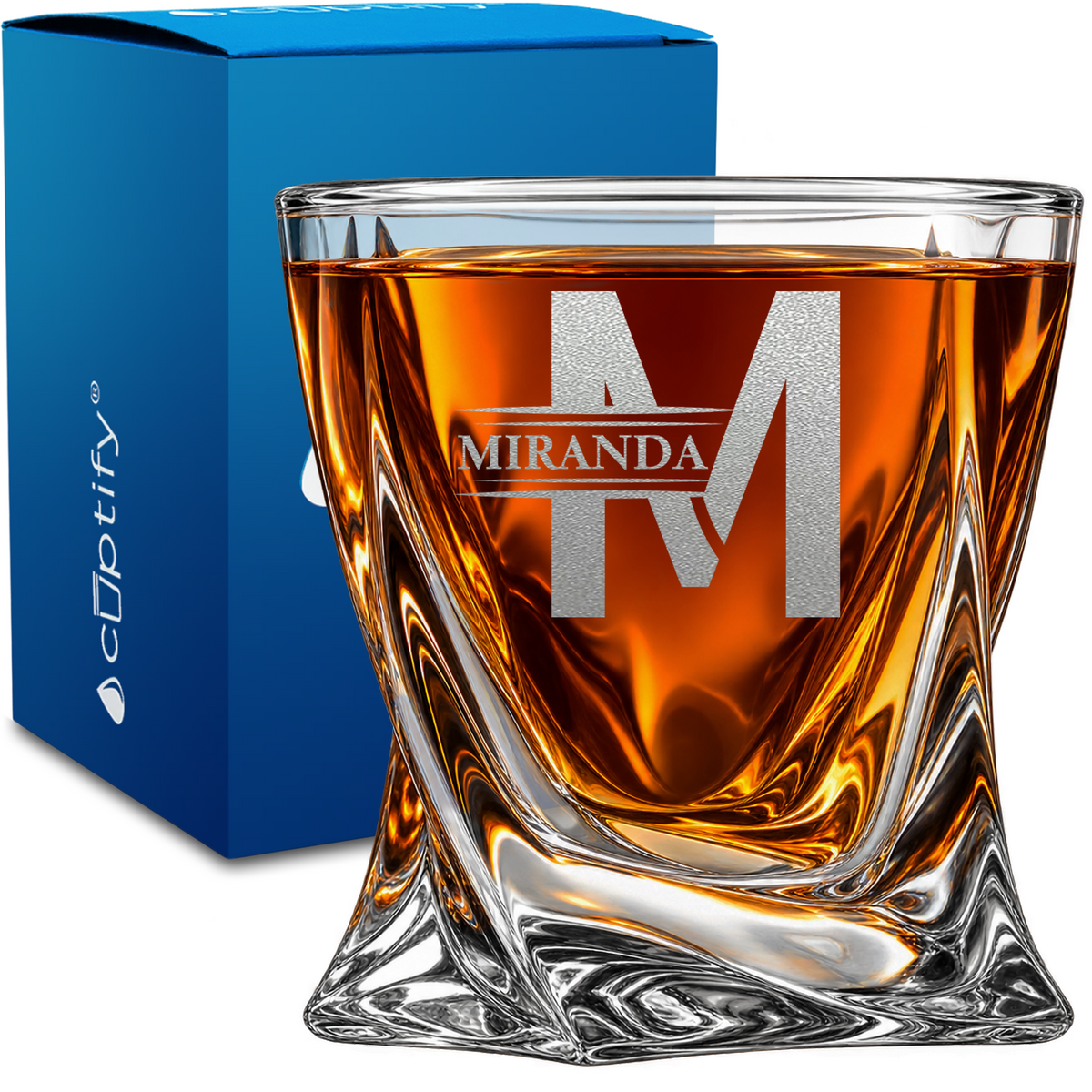 Modern Initial Monogram design on 10oz Twisted Whiskey Glass