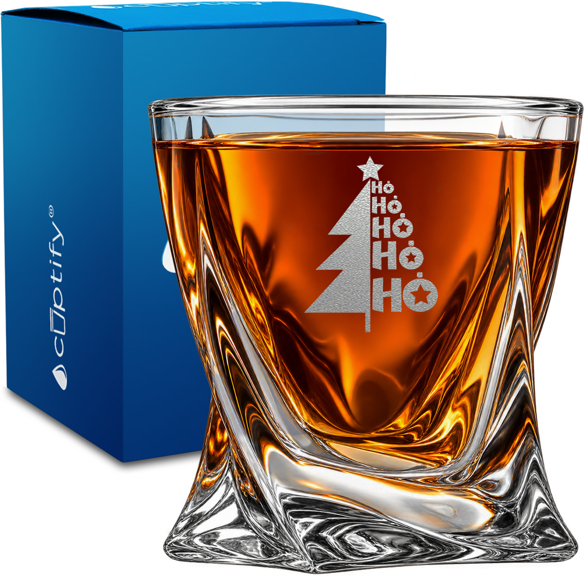 Ho Ho Ho Christmas Tree design on 10oz Twisted Whiskey Glass