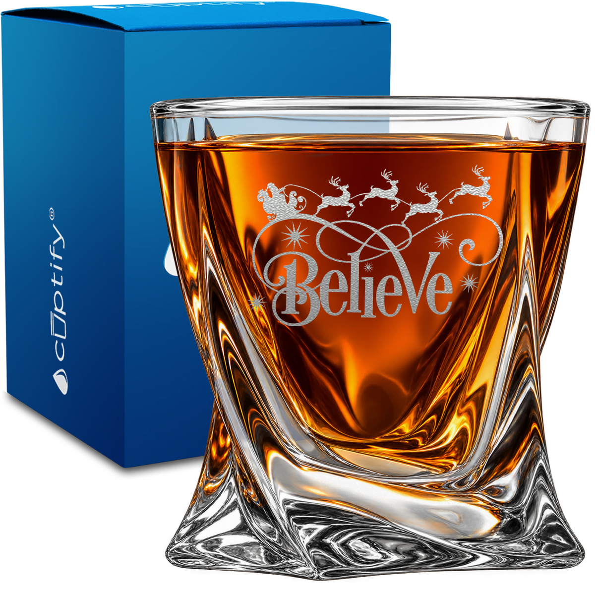 Believe in Santa design on 10oz Twisted Whiskey Glass