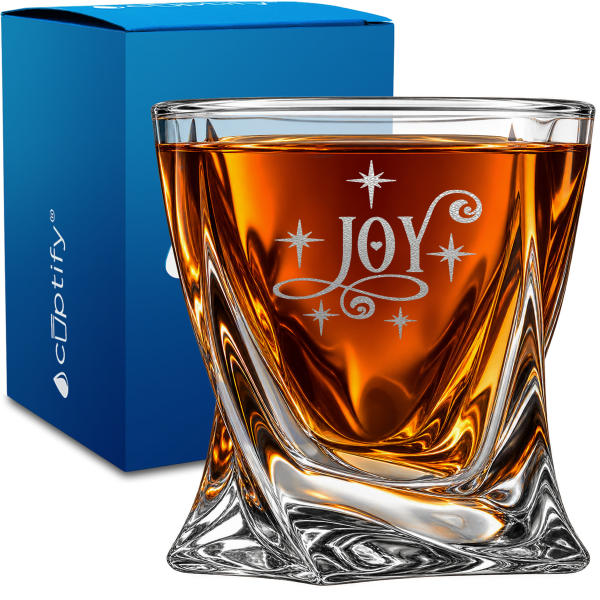 Joy design on 10oz Twisted Whiskey Glass