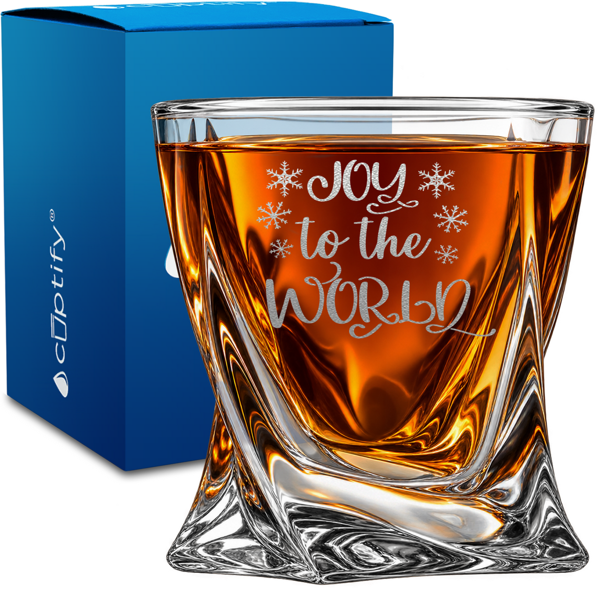 Joy to the World design on 10oz Twisted Whiskey Glass