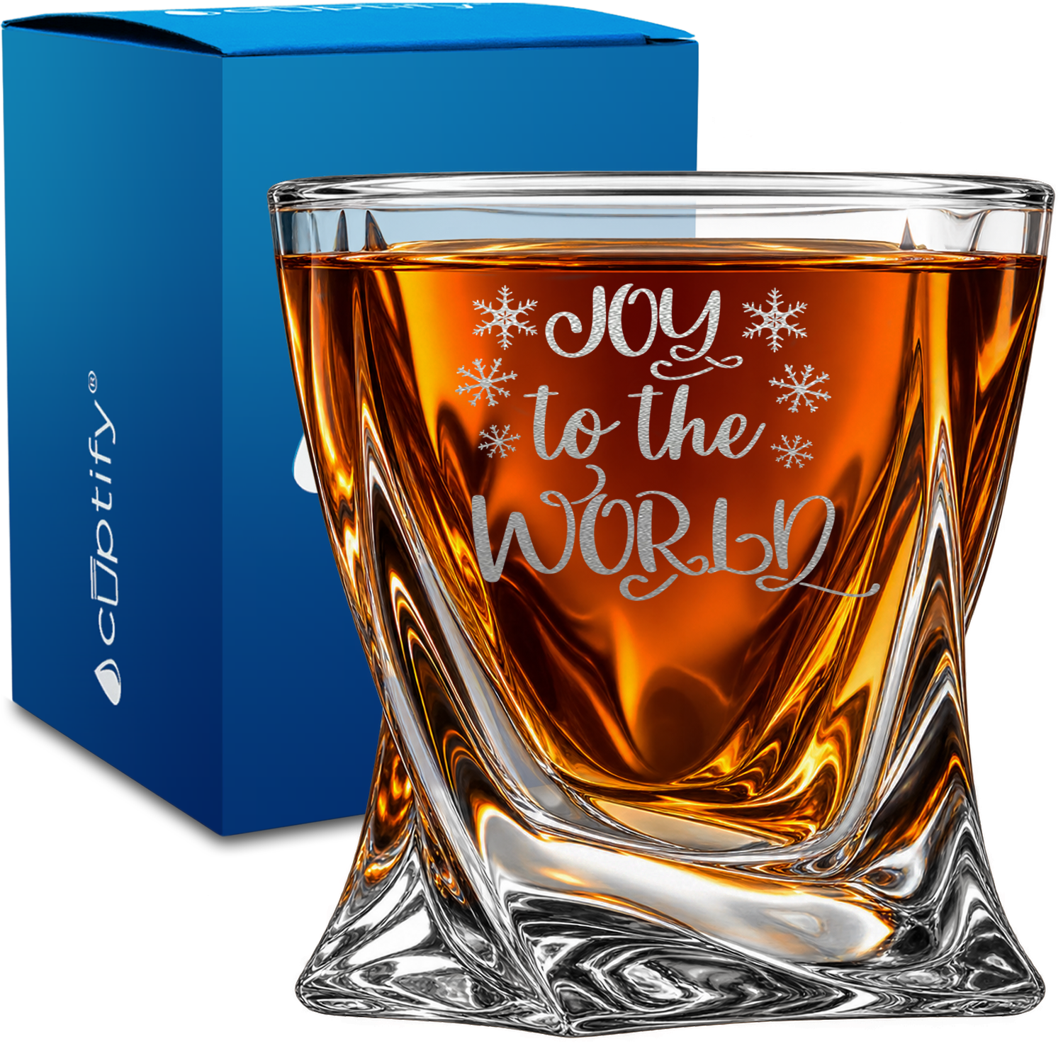 Joy to the World design on 10oz Twisted Whiskey Glass