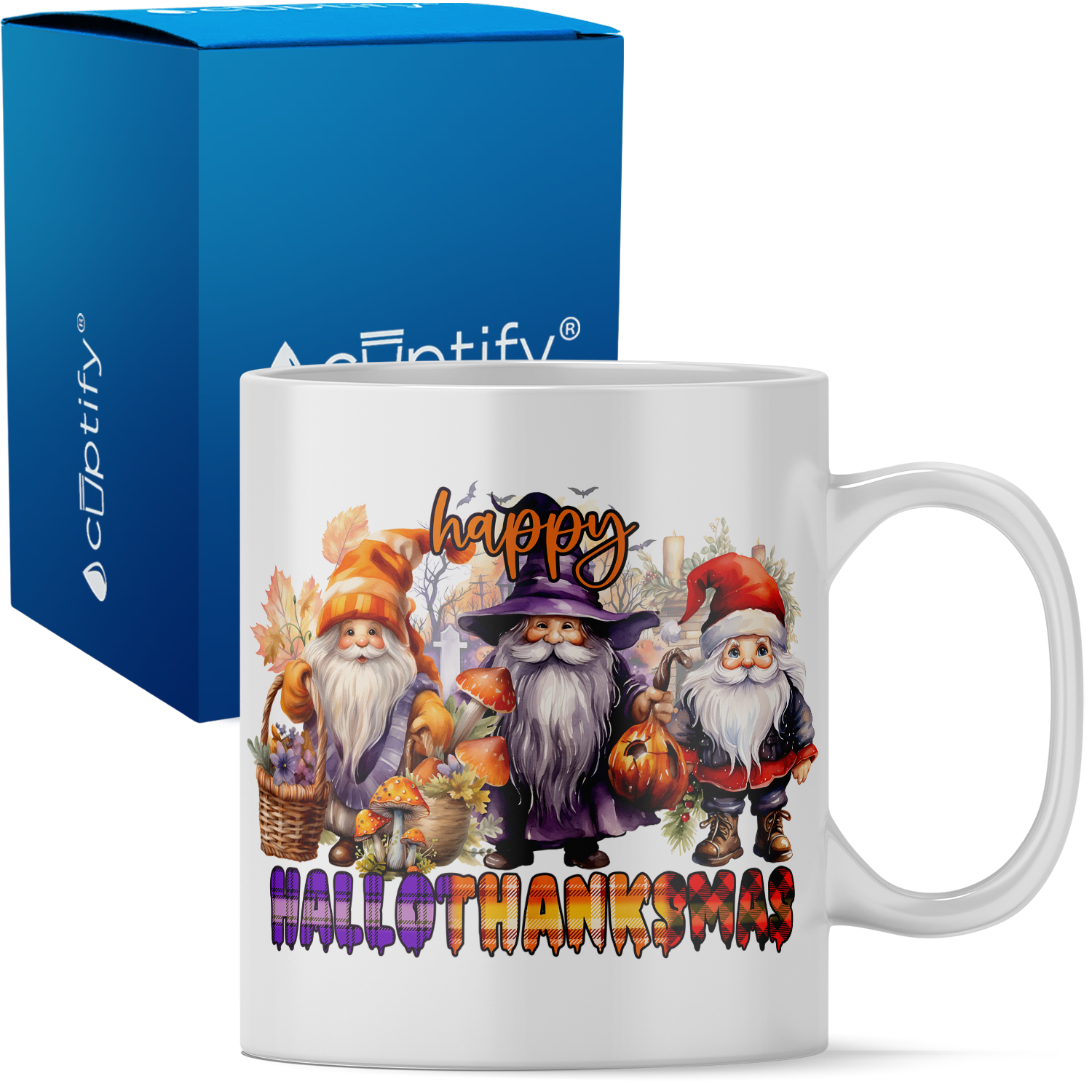 Happy HalloThanksMas Gnome 11oz White Coffee Mug