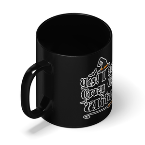 Personalized Yes I am a Crazy Cat Witch with Broom on 11oz Ceramic Black Coffee Mug