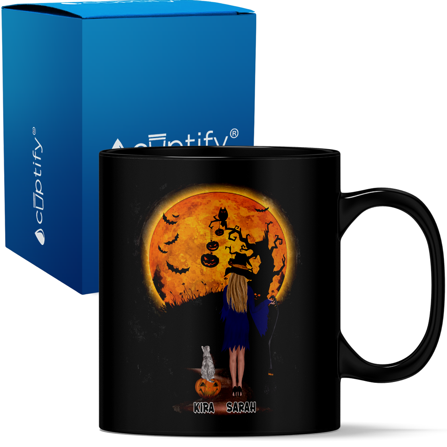 Personalized Halloween is Better with a Cat Witch with Broom on 11oz Ceramic Black Coffee Mug
