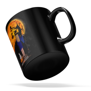 Personalized Halloween is Better with a Cat Witch with Broom on 11oz Ceramic Black Coffee Mug