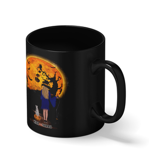 Personalized Halloween is Better with a Cat Witch with Broom on 11oz Ceramic Black Coffee Mug