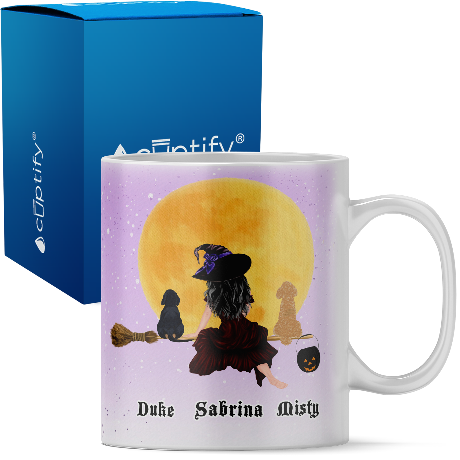 Personalized Flying Witches with Dog on 11oz Ceramic White Coffee Mug