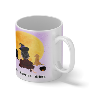 Personalized Flying Witches with Dog on 11oz Ceramic White Coffee Mug