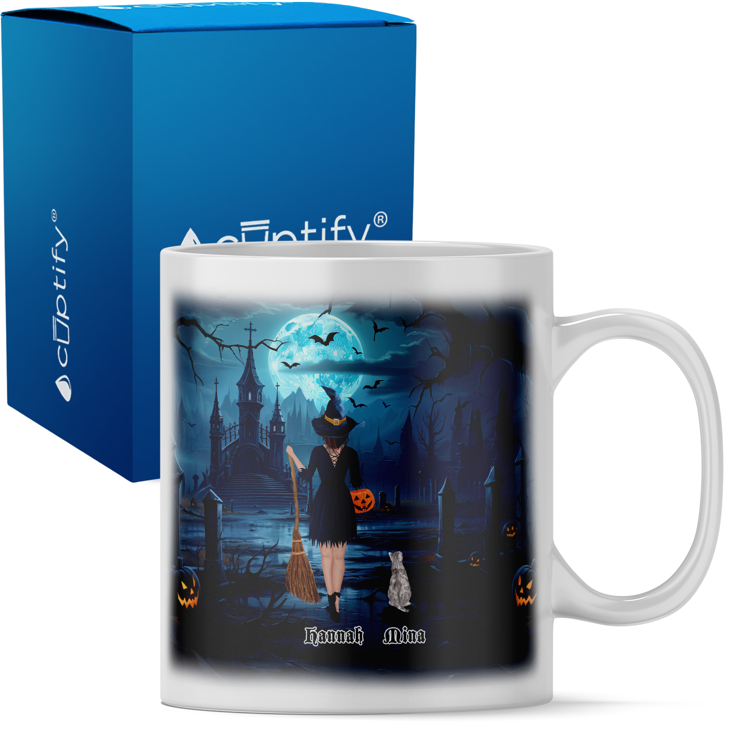 Personalized Yes I am a Crazy Cat Witch with Broom on 11oz Ceramic White Coffee Mug