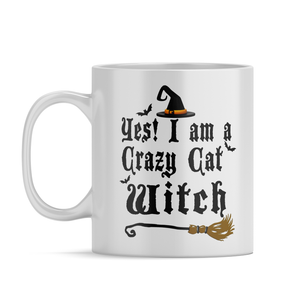 Personalized Yes I am a Crazy Cat Witch with Broom on 11oz Ceramic White Coffee Mug