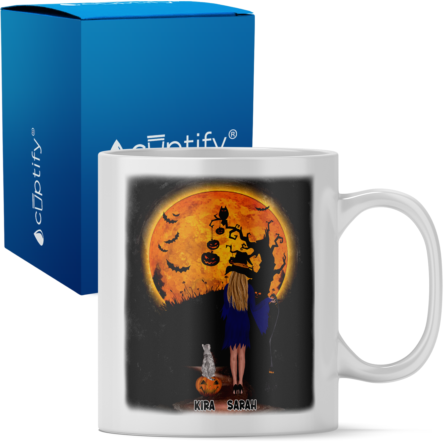 Personalized Halloween is Better with a Cat Witch with Broom on 11oz Ceramic White Coffee Mug