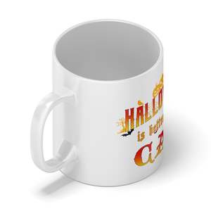 Personalized Halloween is Better with a Cat Witch with Broom on 11oz Ceramic White Coffee Mug