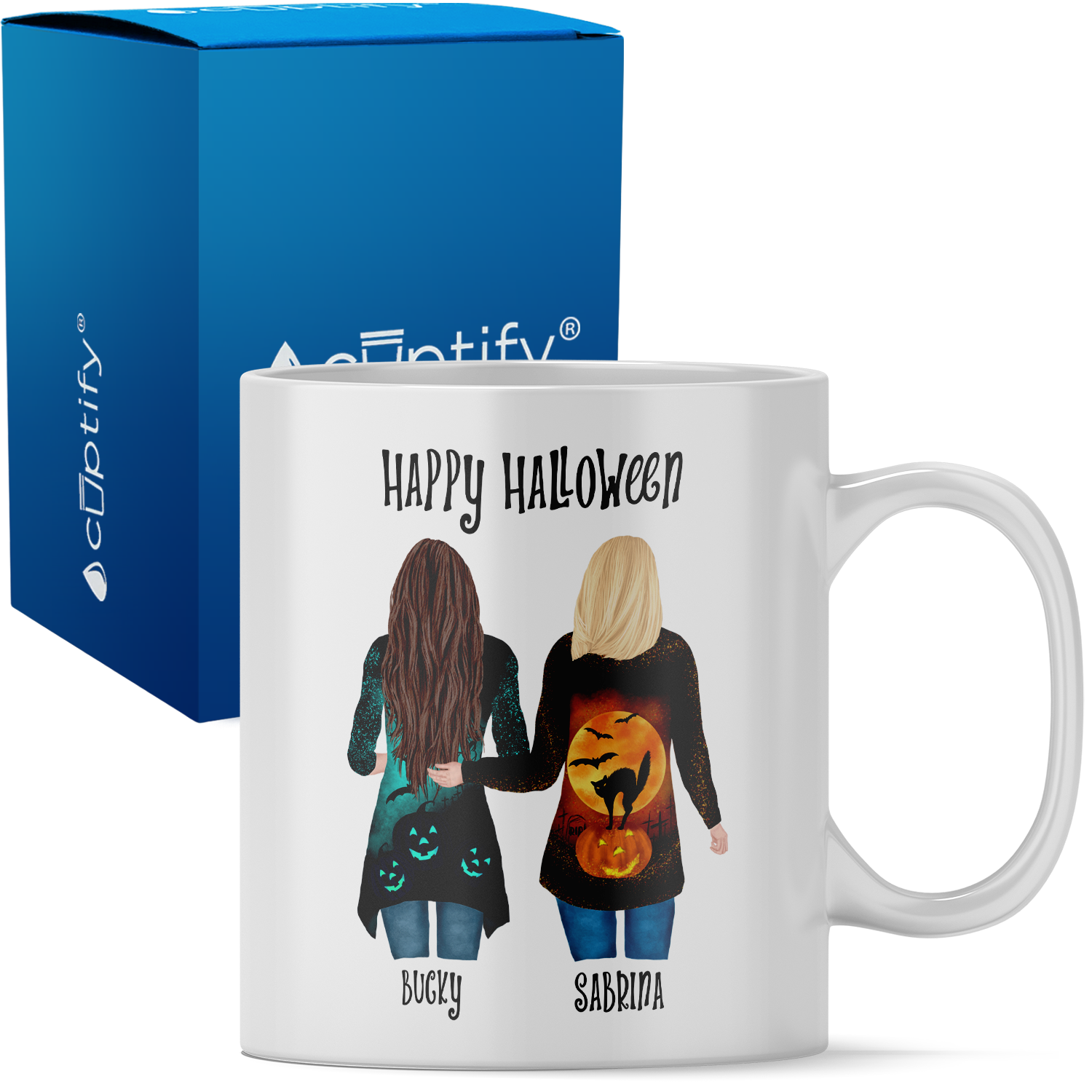 Personalized Happy Halloween Best Witches Besties on 11oz Ceramic White Coffee Mug