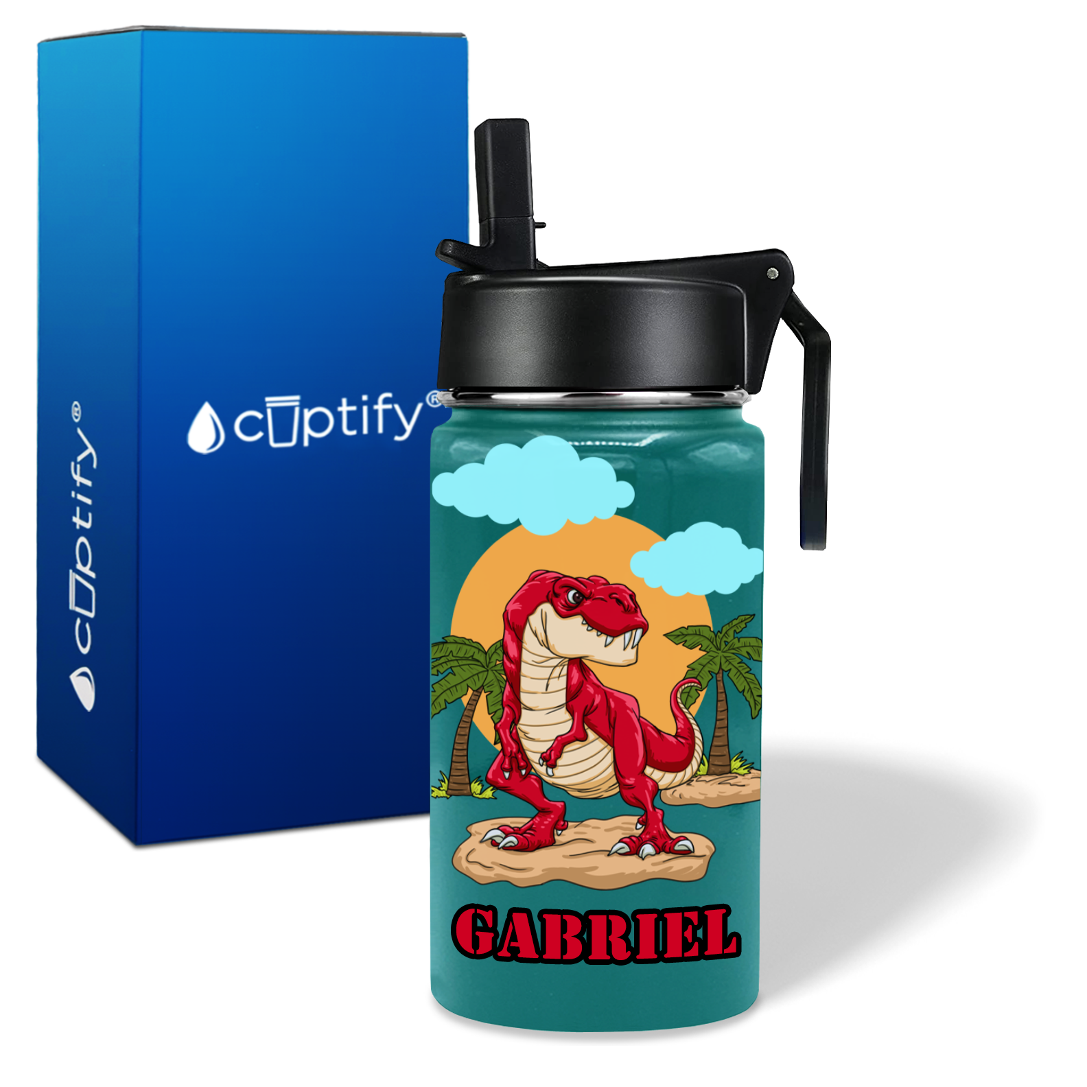 Red Dinosaur T-Rex 12oz Personalized Kids Water Bottle