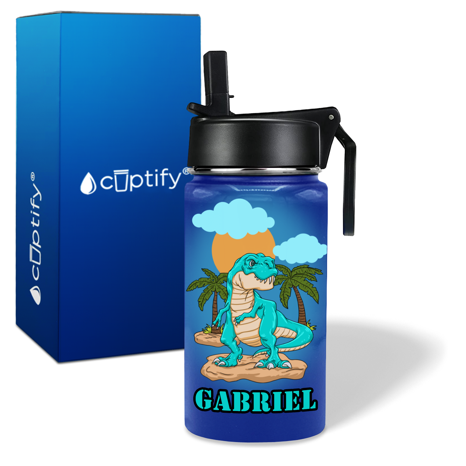 Blue Dinosaur T-Rex 12oz 12oz Personalized Kids Water Bottle