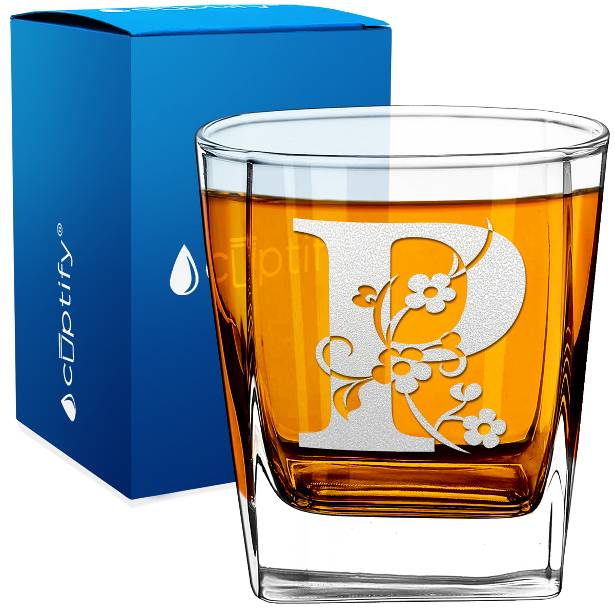 Monogram Floral Initial Letter 12oz Double Old Fashioned Glass