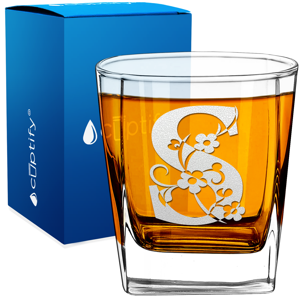 Monogram Floral Initial Letter 12oz Double Old Fashioned Glass