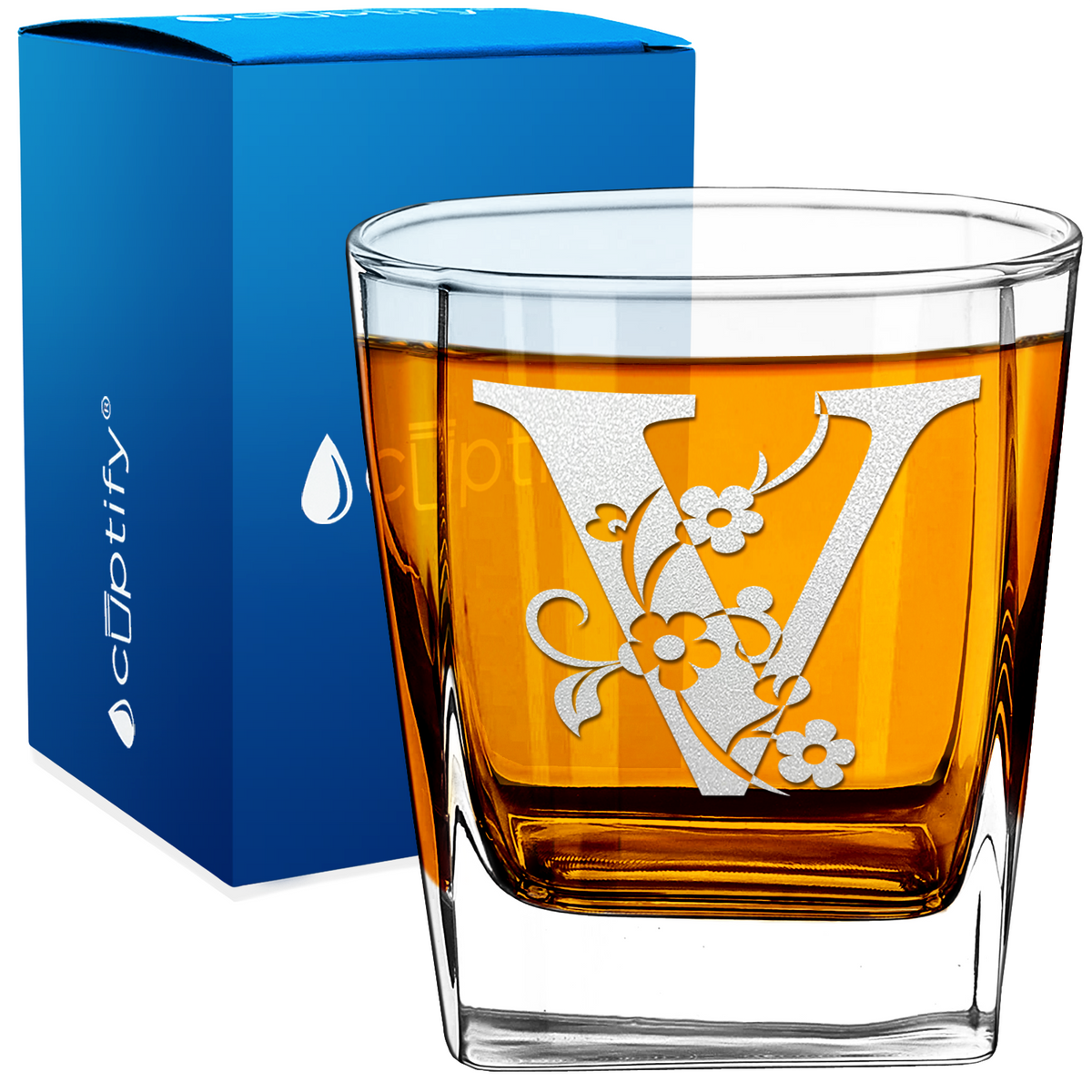 Monogram Floral Initial Letter 12oz Double Old Fashioned Glass