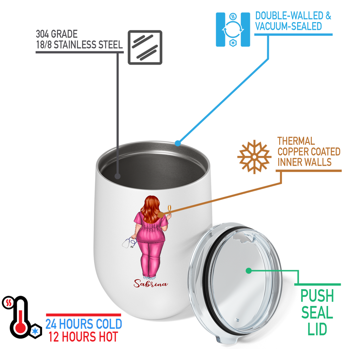 Personalized Safety First, Drink With a Nurse 12oz Nurse Wine Tumbler