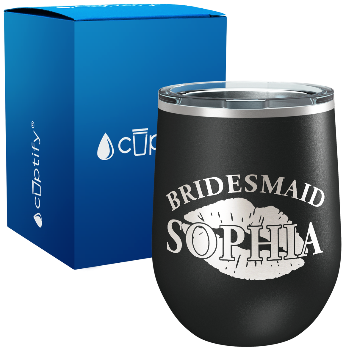 Personalized Bridesmaid Kissing Lips 12oz Bridal Shower Wine Tumbler
