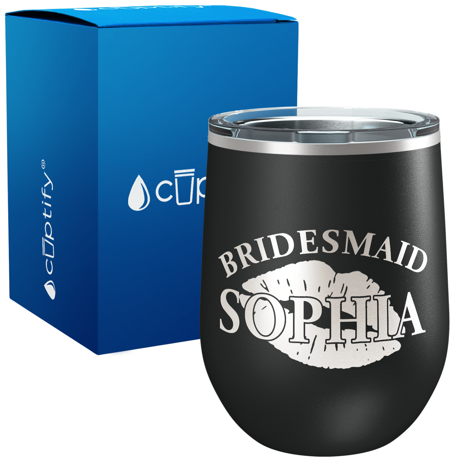 Personalized Bridesmaid Kissing Lips 12oz Bridal Shower Wine Tumbler