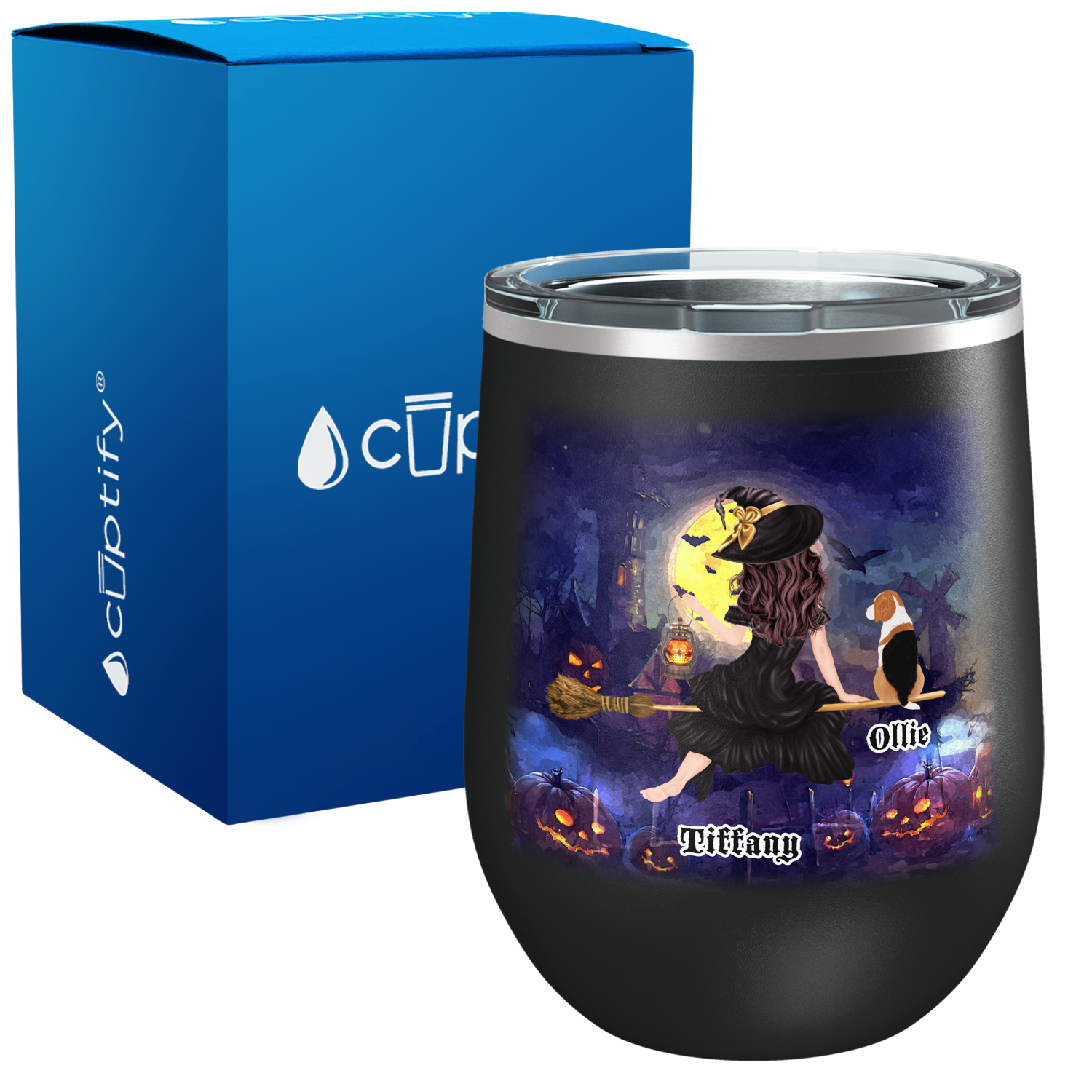 Personalized Halloween Flying Witches with Dog 12oz Halloween Wine Tumbler