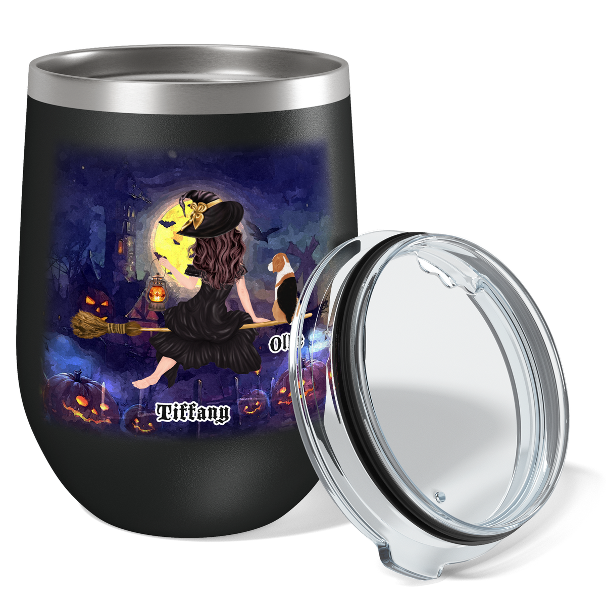 Personalized Halloween Flying Witches with Dog 12oz Halloween Wine Tumbler