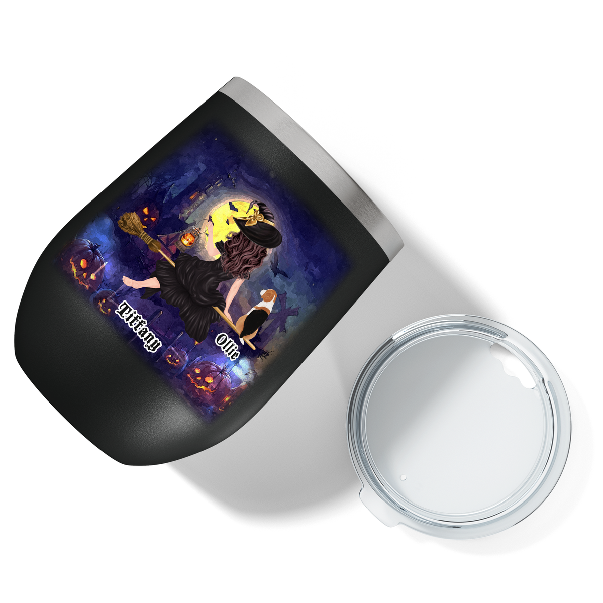 Personalized Halloween Flying Witches with Dog 12oz Halloween Wine Tumbler