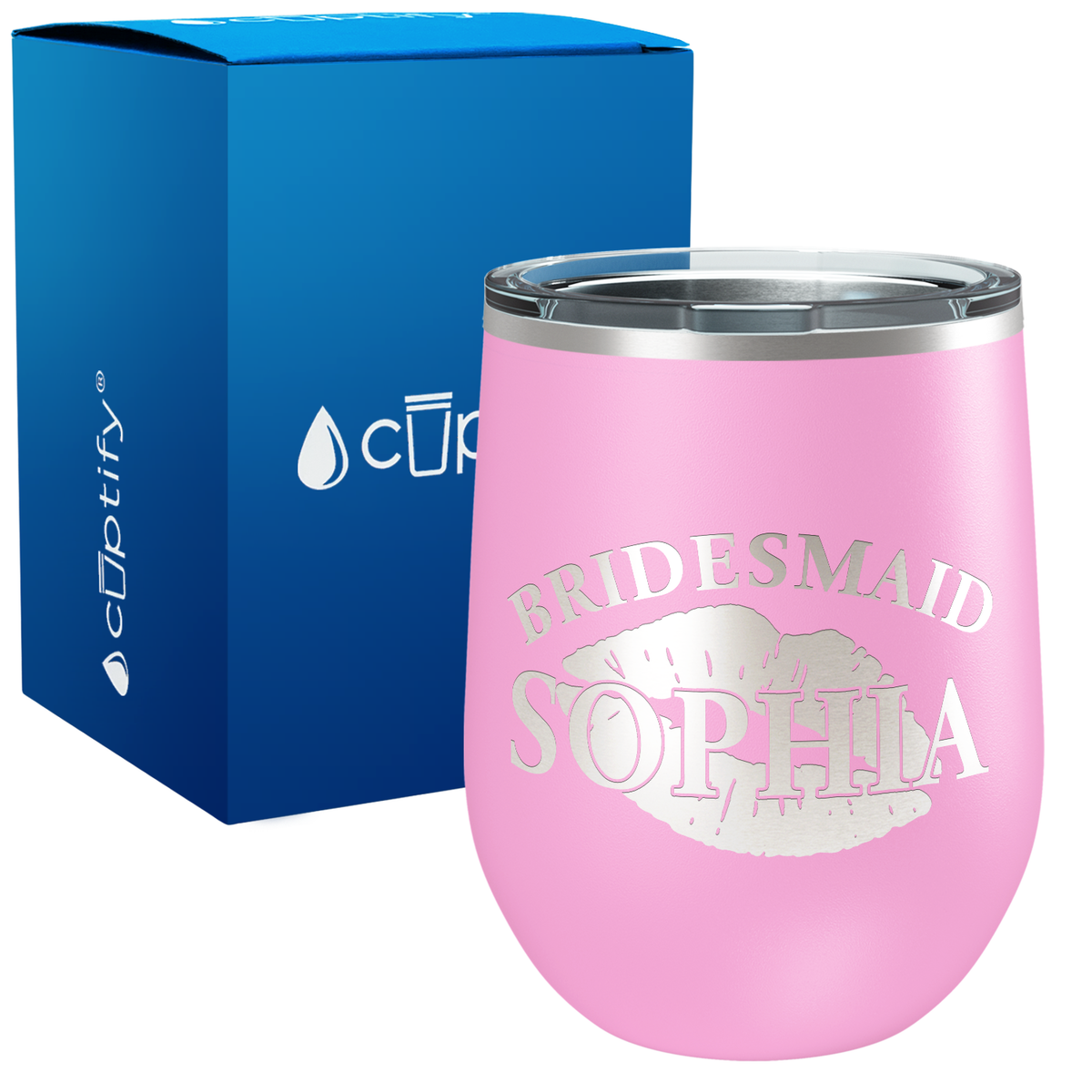 Personalized Bridesmaid Kissing Lips 12oz Bridal Shower Wine Tumbler