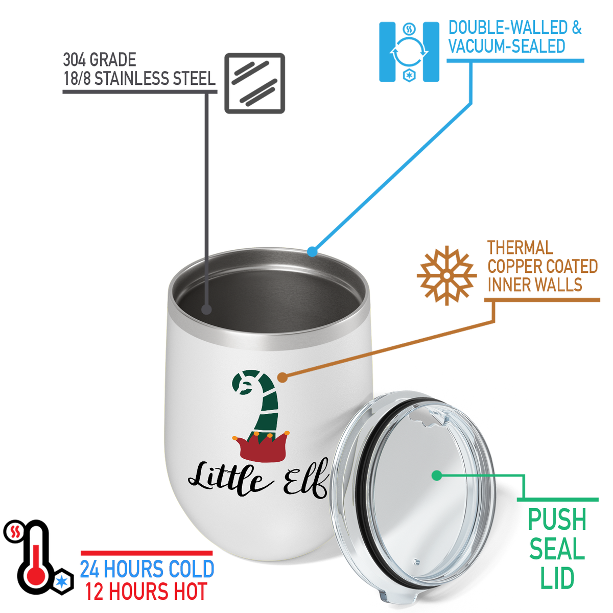 Little ELF with Santa Hat on 12oz Christmas Wine Tumbler