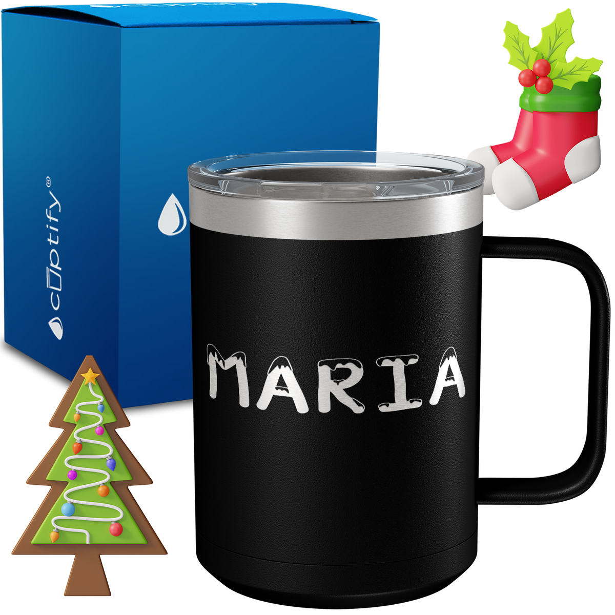 Personalized Snowy Christmas Font on 15oz Stainless Coffee Mug