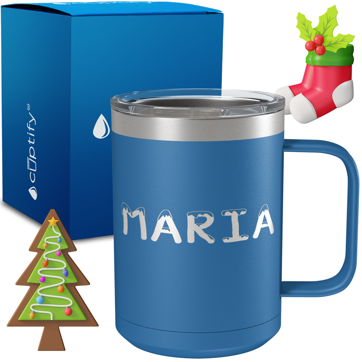 Personalized Snowy Christmas Font on 15oz Stainless Coffee Mug