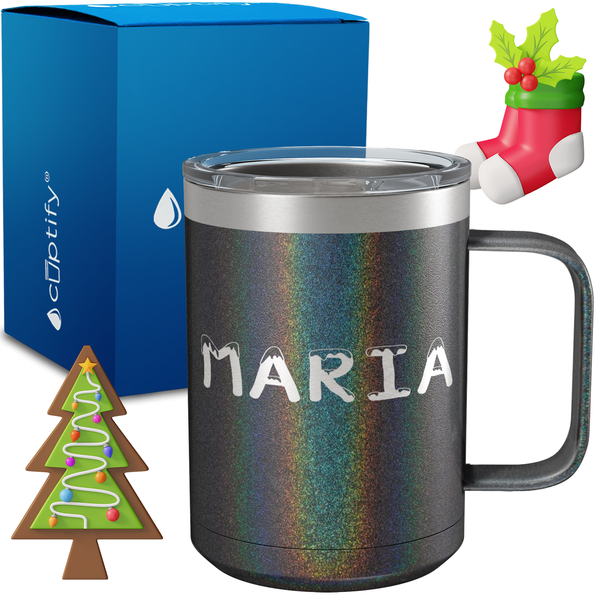 Personalized Snowy Christmas Font on 15oz Stainless Coffee Mug