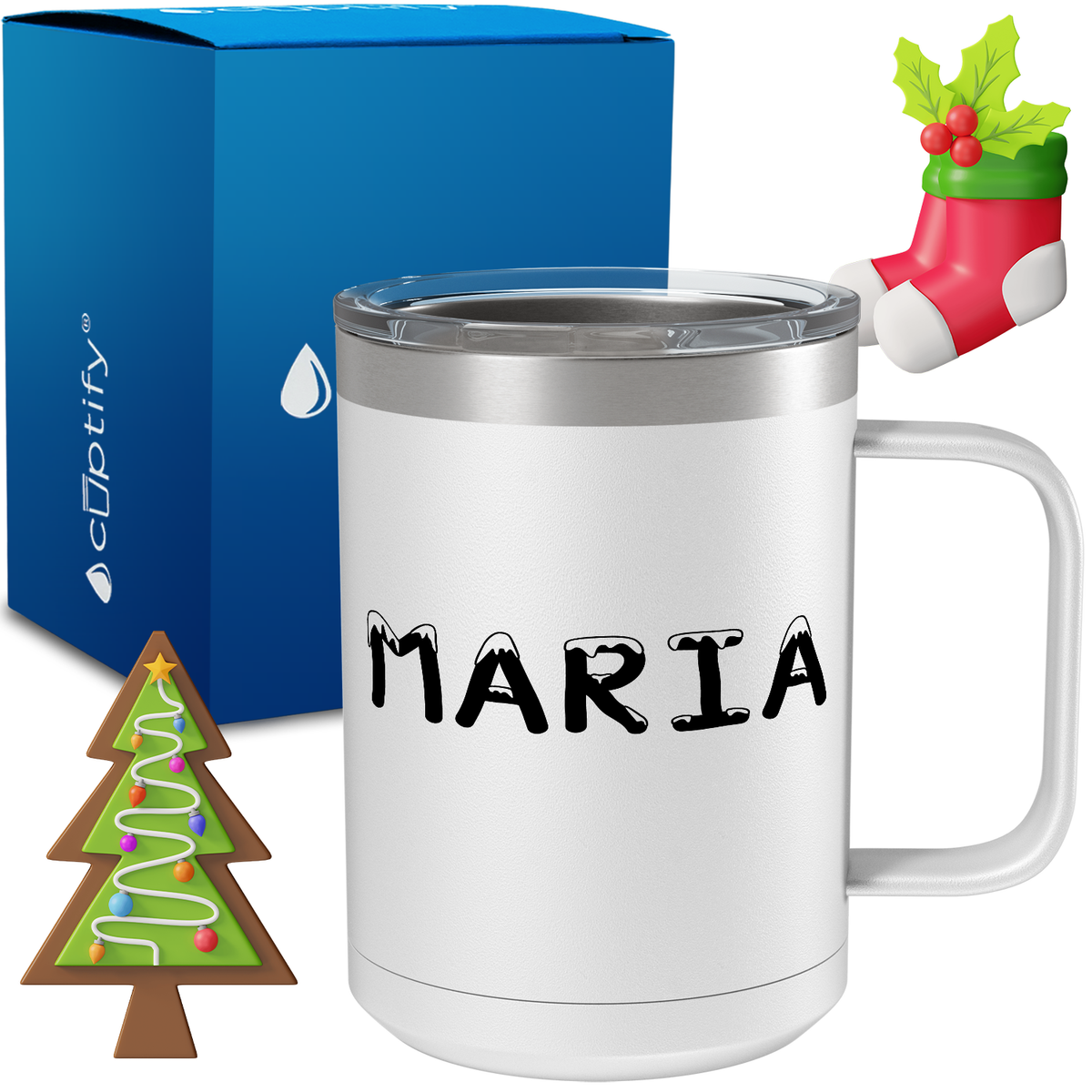Personalized Snowy Christmas Font on 15oz Stainless Coffee Mug