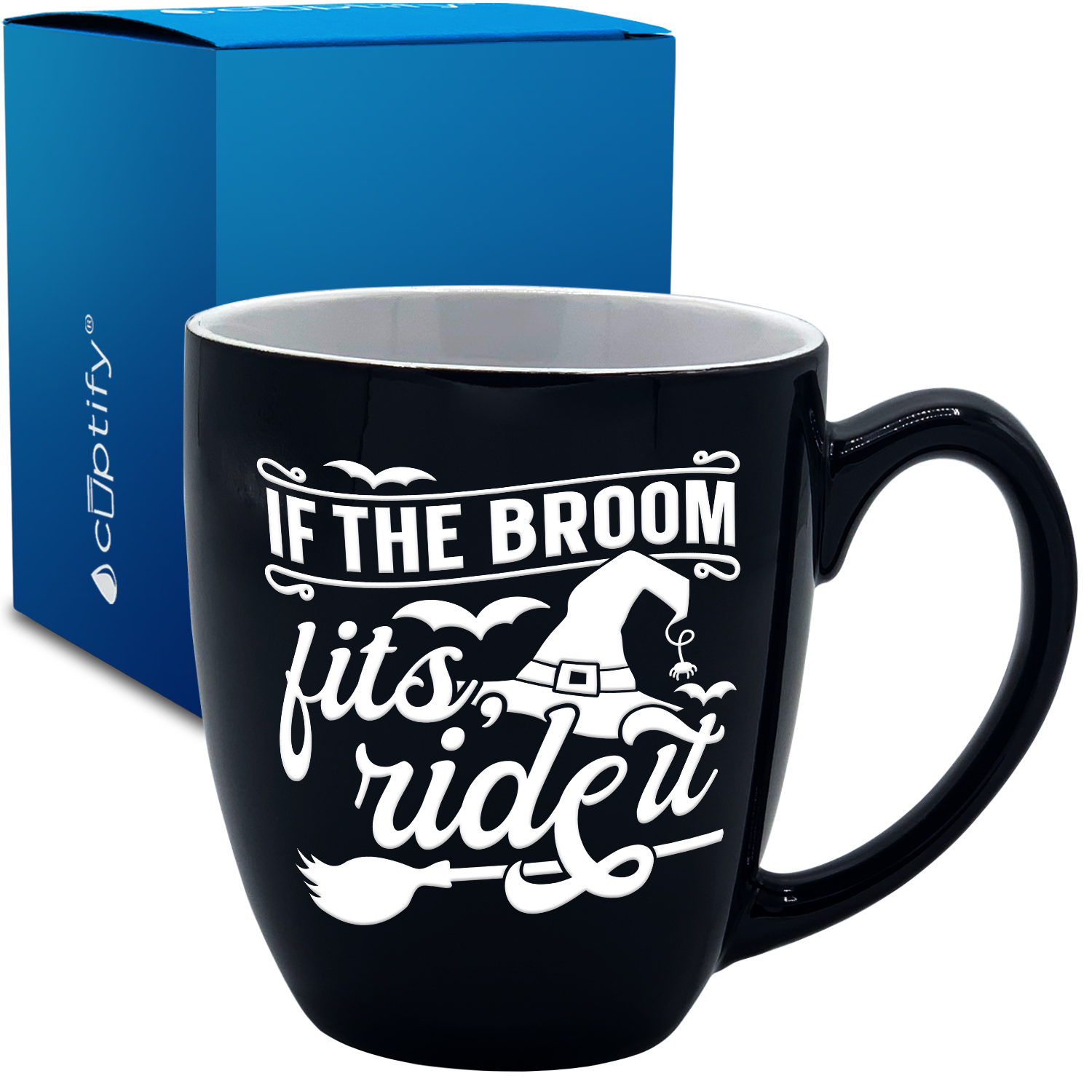 If the Broom Fits Ride it on Black 16oz Halloween Bistro Coffee Mug