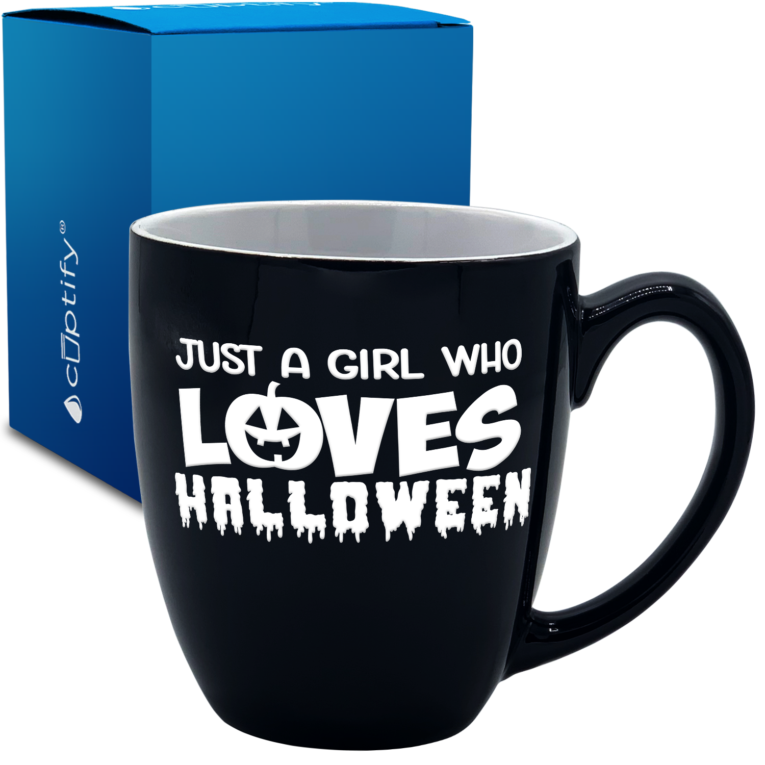 Just a Girl Who Loves Halloween on Black 16oz Halloween Bistro Coffee Mug