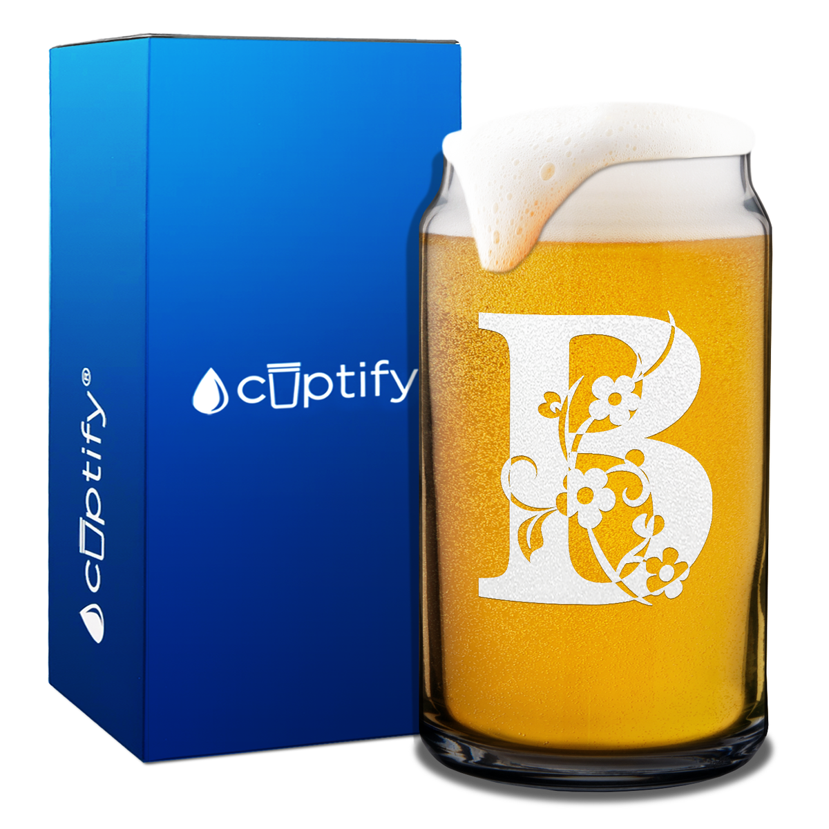 Monogram Floral Initial Letter on 16oz Beer Can Glass