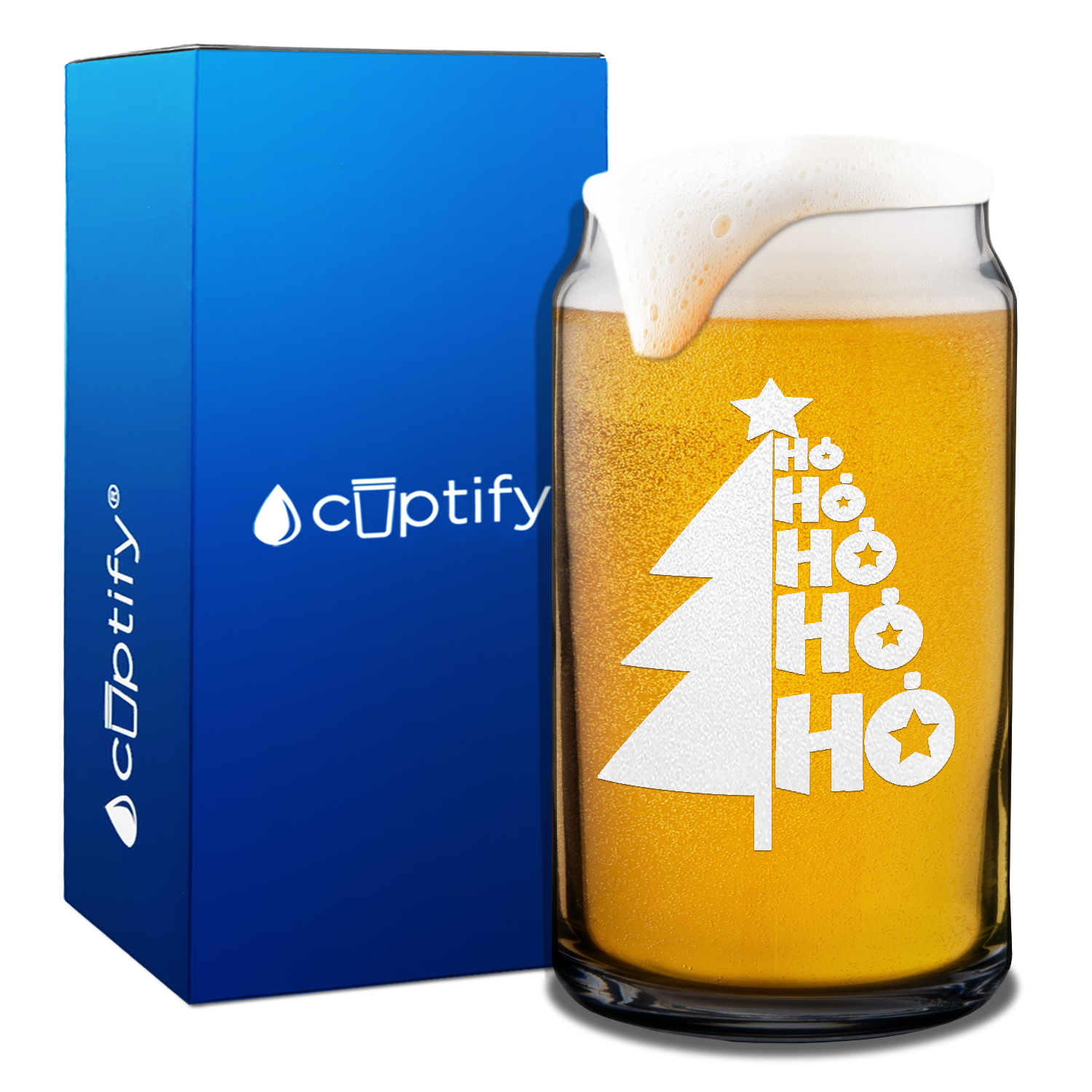 Ho Ho Ho Christmas Tree on 16oz Beer Can Glass
