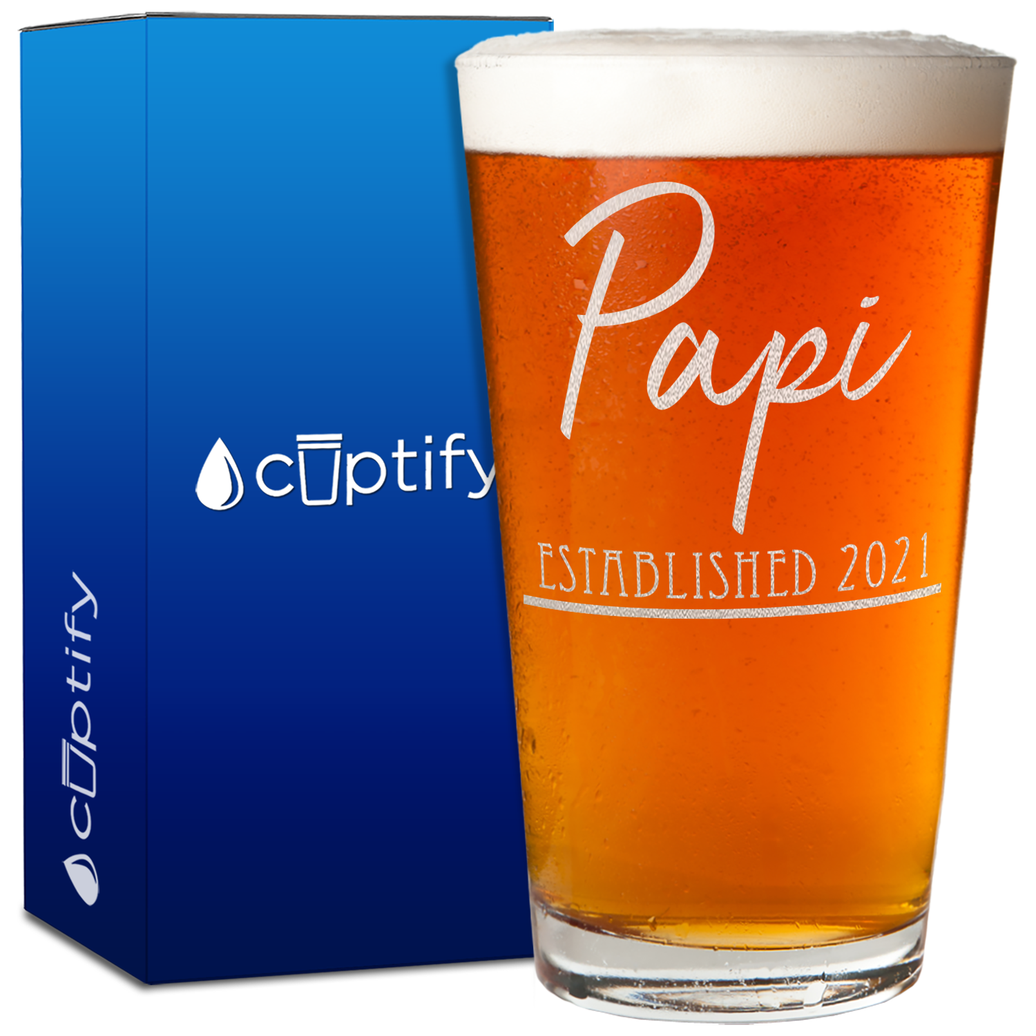 Papi Established 2021 Etched 16oz Beer Pint Glass