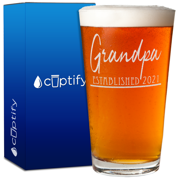 Grandpa Established 2021 Etched 16oz Beer Pint Glass