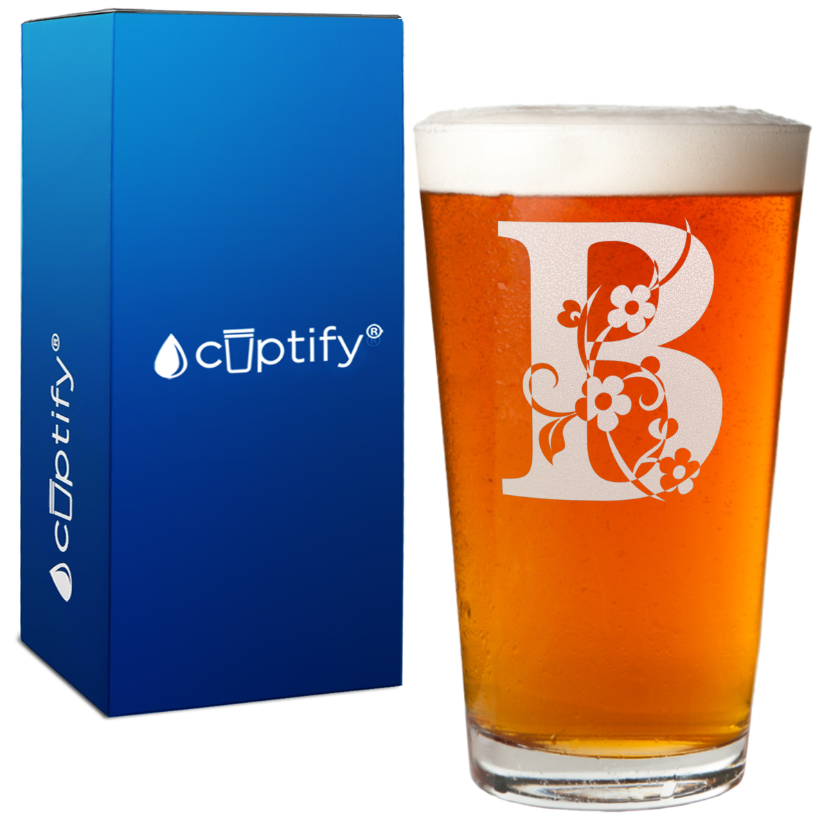 Monogram Floral Initial Letter 16oz Beer Pint Glass