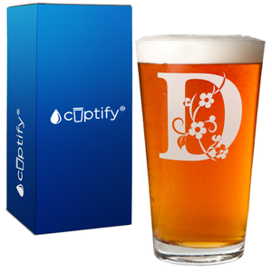 Monogram Floral Initial Letter 16oz Beer Pint Glass