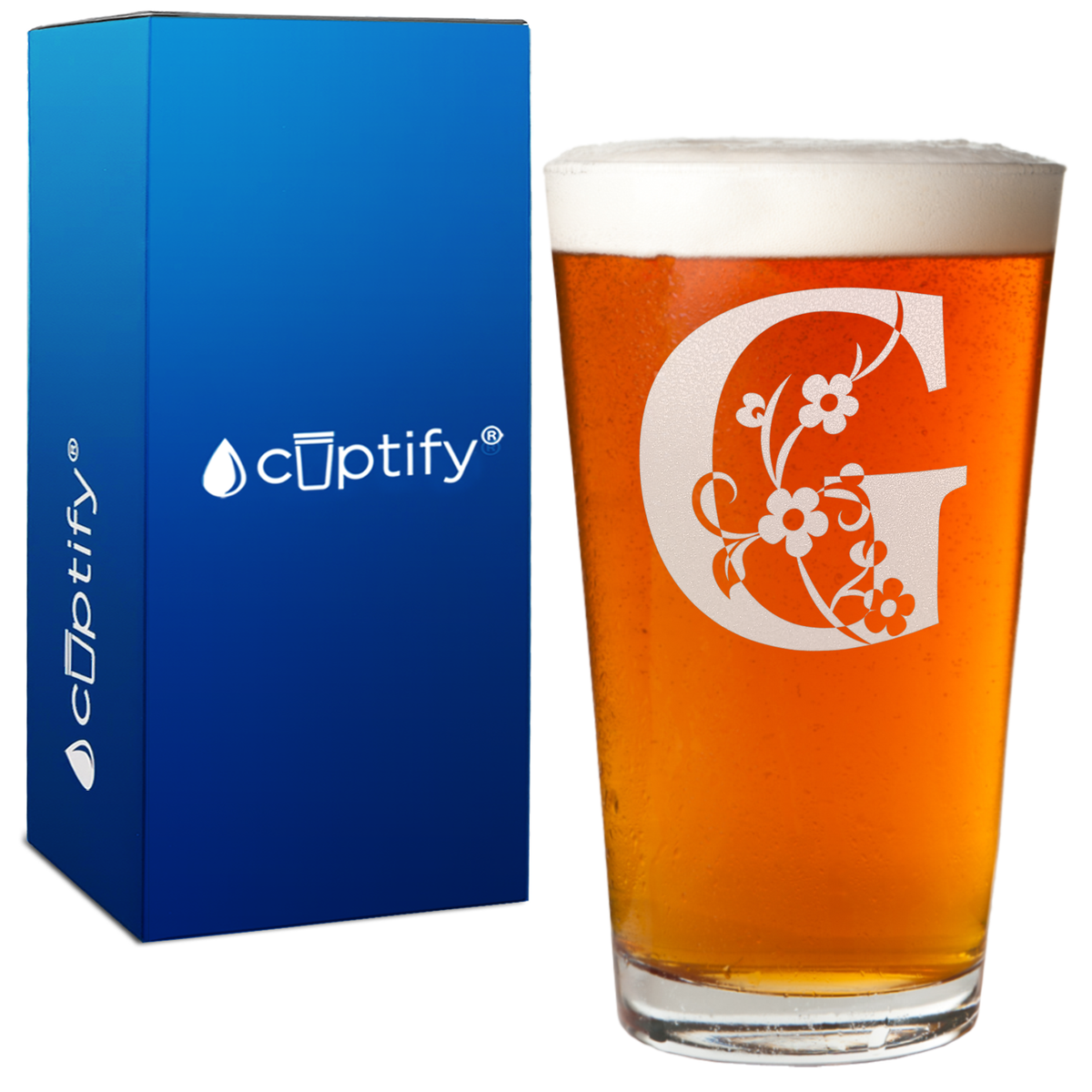 Monogram Floral Initial Letter 16oz Beer Pint Glass