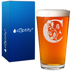 Monogram Blooming Floral Initial Letter 16oz Beer Pint Glass