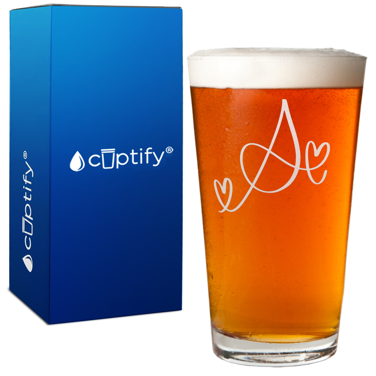 Monogram Hearts Initial Letter 16oz Beer Pint Glass