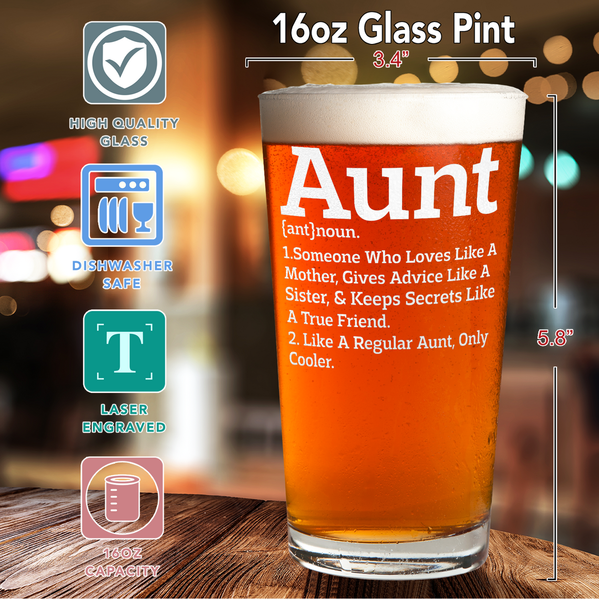 Aunt Definition 16oz Beer Pint Glass
